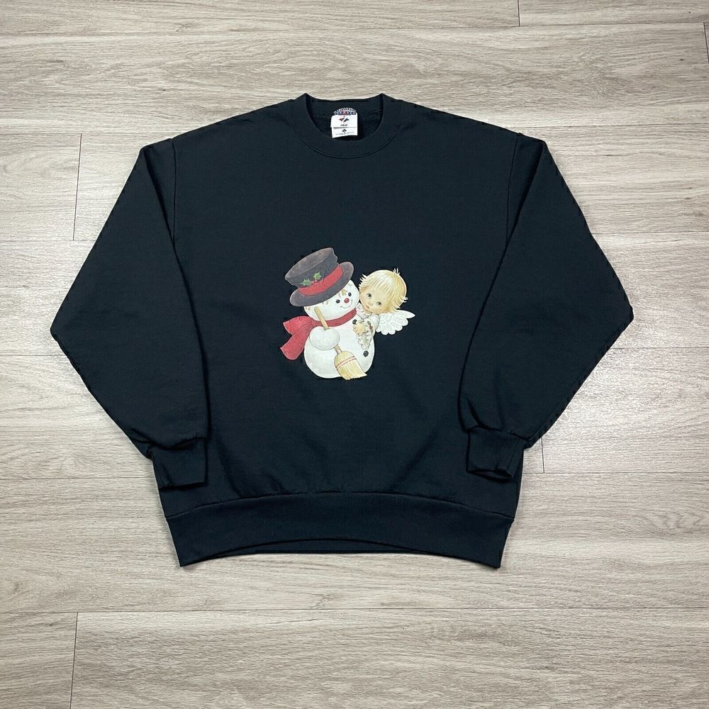 Vintage Sweatshirt Mens Large Black Snowman Angel Christmas 90s Fleece